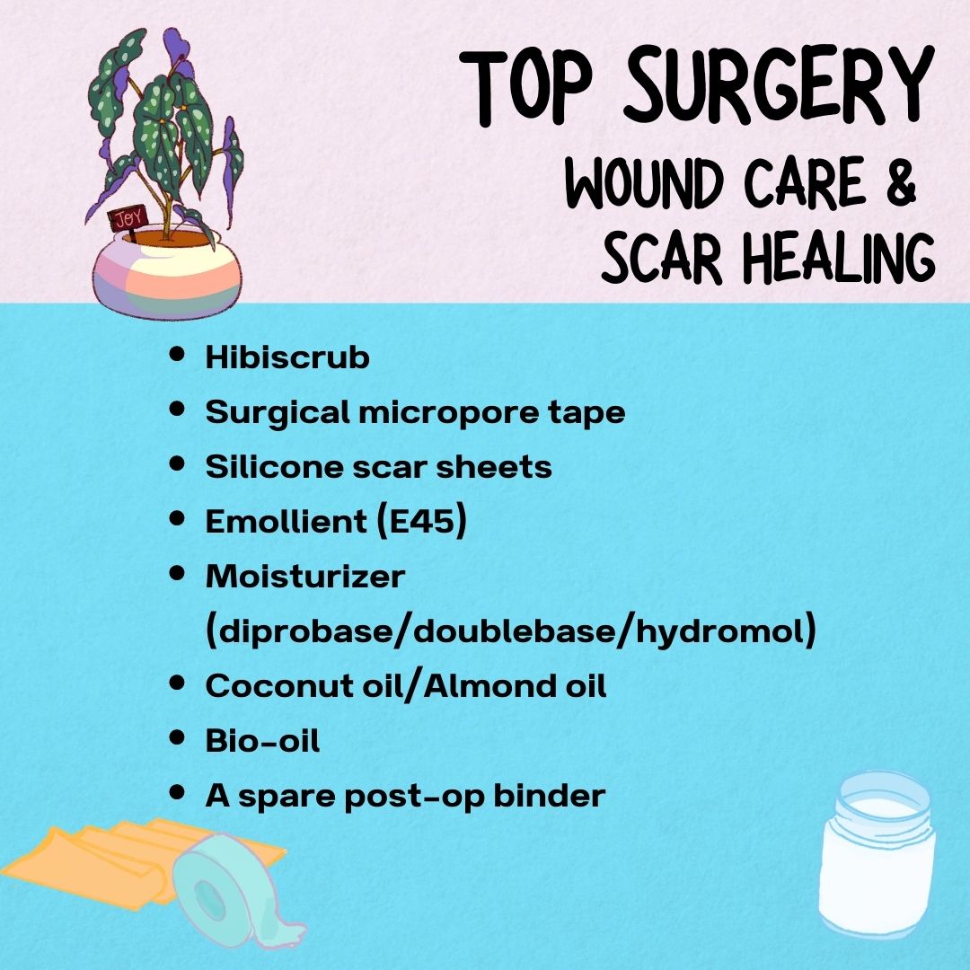 Top Surgery
Wound Care & Scar Healing
- Hibiscrub
- Surgical micropore tape
- Silicone scar sheets
- Emollient (E45)
- Moisturizer (diprobase/doublebase/hydromol)
- Coconut oil/Almond old
- Bio-oil
- A spare post-op binder