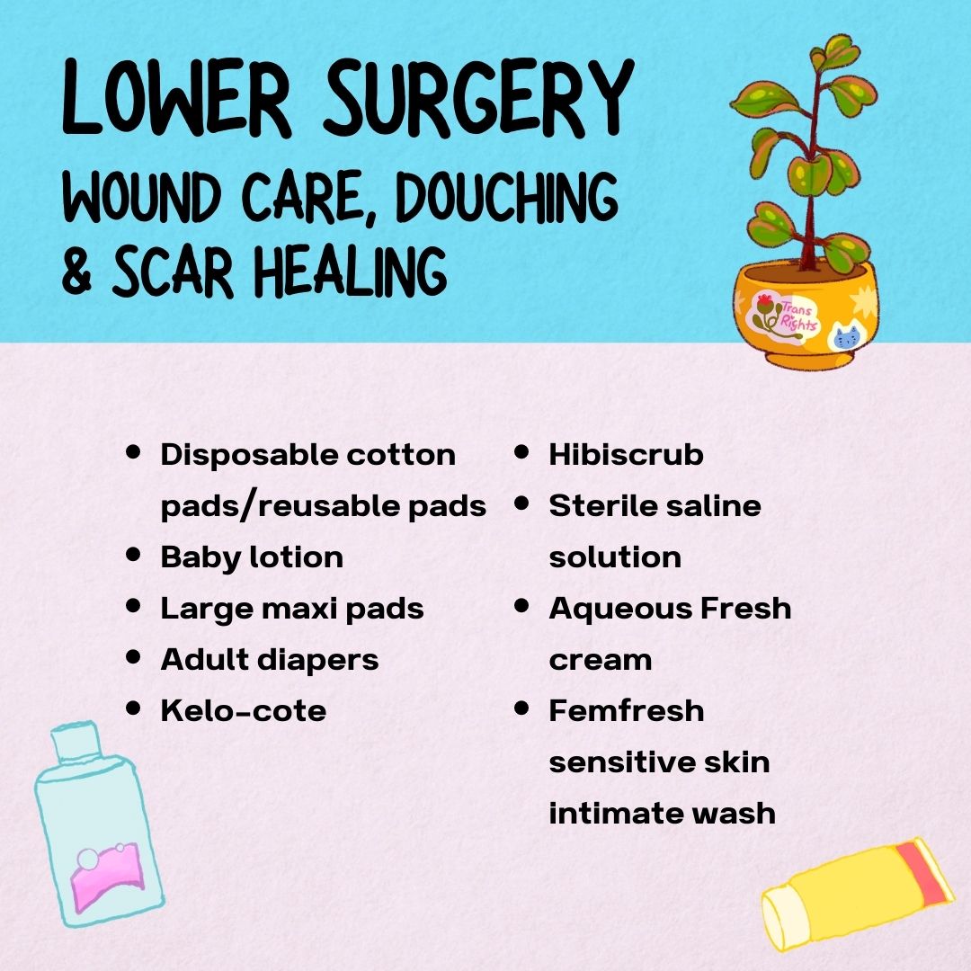 Lower Surgery
Wound care, douching & scar healing
- Disposable cotton pads/reusable pads
- Baby lotion
- Large maxi pads
- Kelo-cote
- Hibiscrub
- Sterile saline solution
- Aquesous Fresh cream
- Femfresh sensitive skin intimate wash