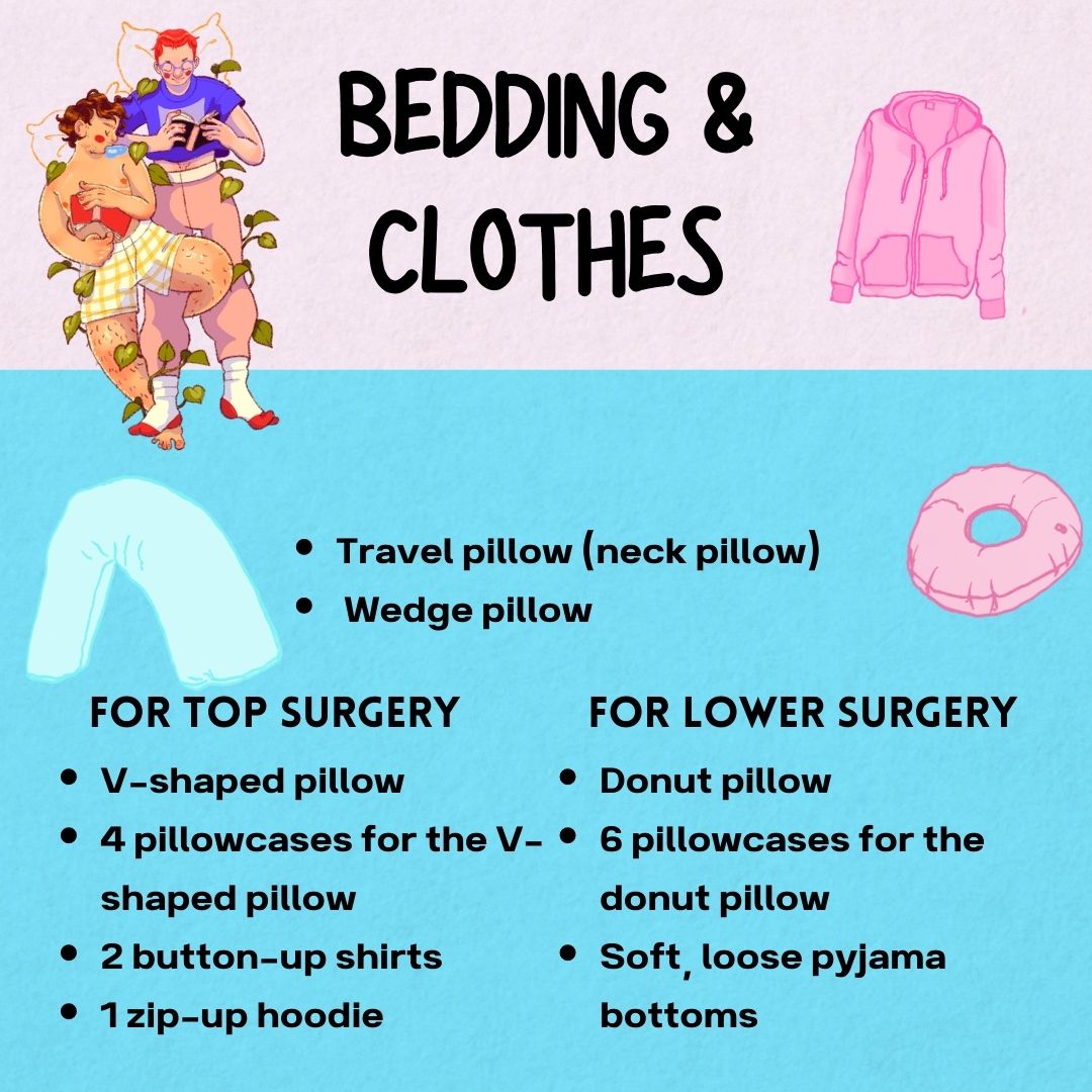 Bedding & Clothes
- Travel pillow (neck pillow)
- Wedge pillow

For Top Surgery
- V-shaped pillow
- 4 pillowcases for the V-shaped pillow
- 2 button-up shirts
- 1 zip-up hoodie

For Lower Surgery
- Donut pillow
- 6 pillowcases for the donut pillow
- Soft, loose pyjama bottoms