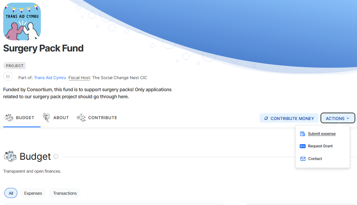 Image showing the Surgery Pack Fund project on Open Collective.
The 'Actions' dropdown is open and the 'Submit expense' option is highlighted