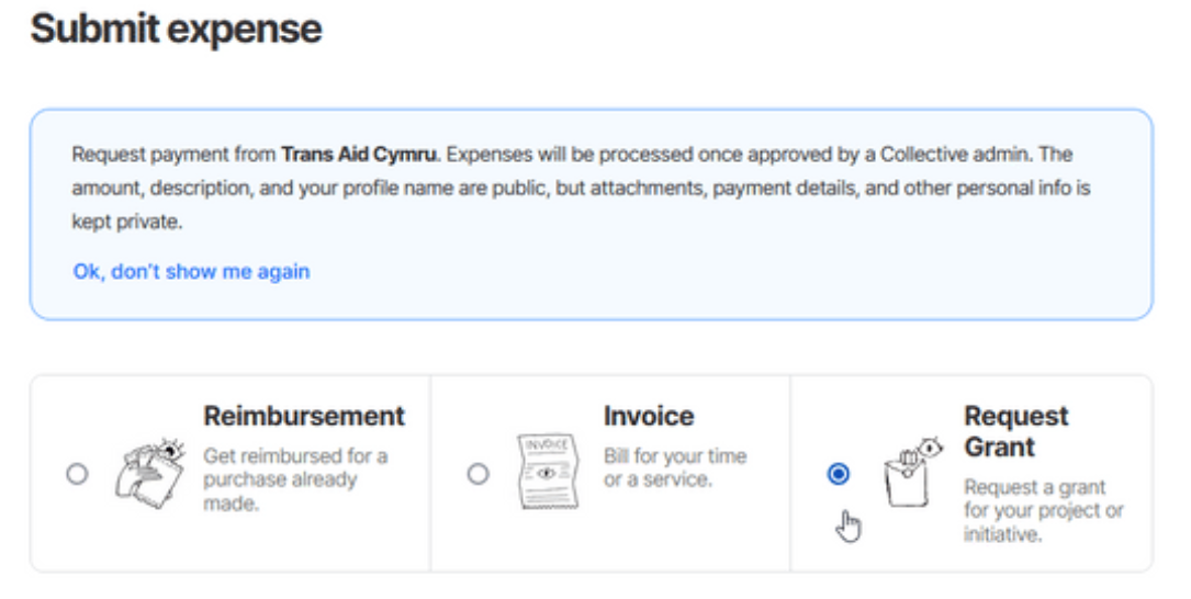 Screenshot showing the 'Submit expense' page. The Request Grant option is selected